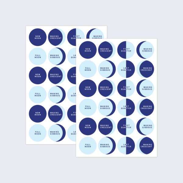 Two sheets of stickers showing the phases of the moon. Each sticker shows the moon and the phase name.