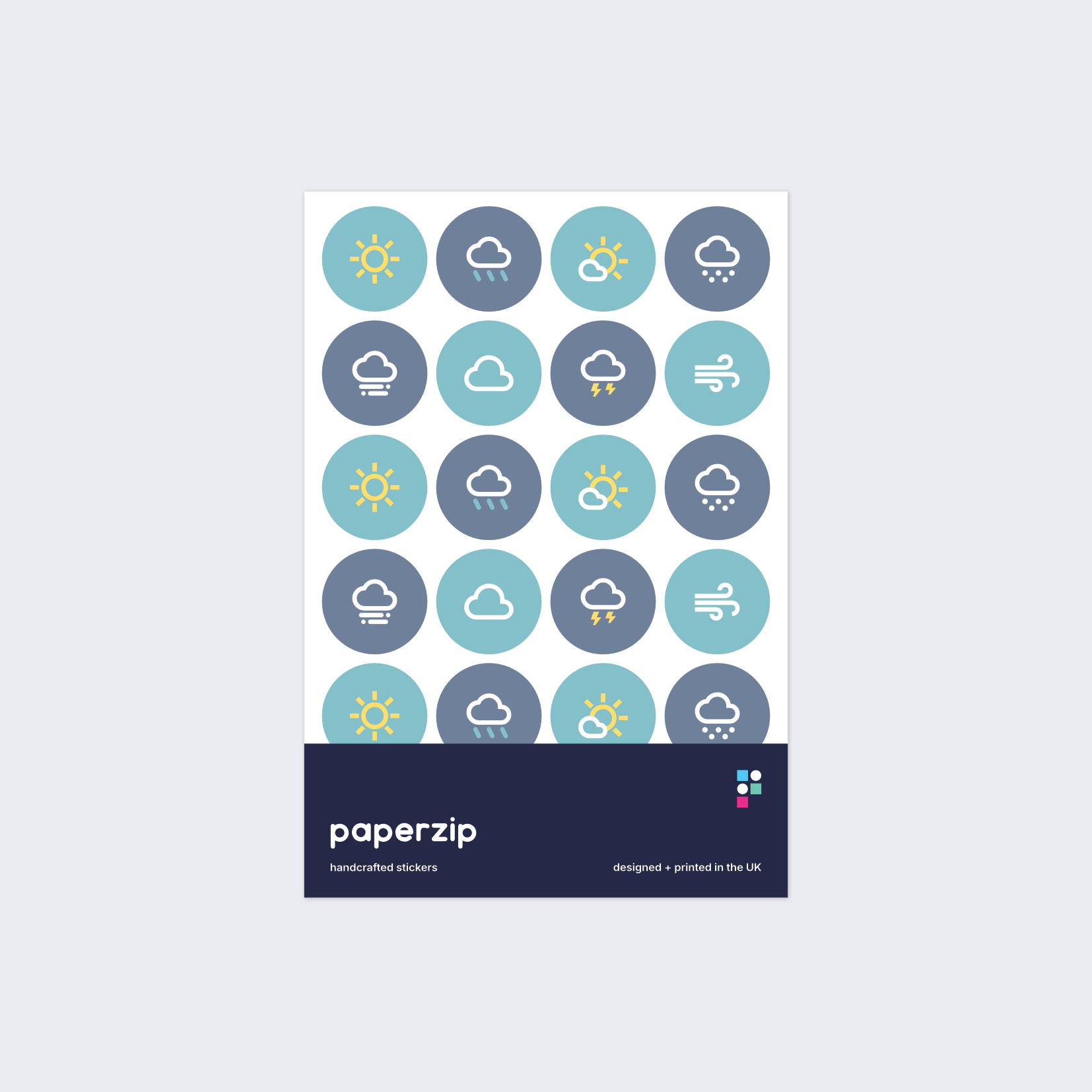 A pack of stickers displaying various weather conditions.