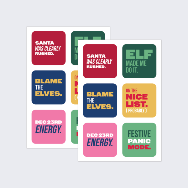 Two sheets of colourful, funny Christmas stickers for adding to presents.