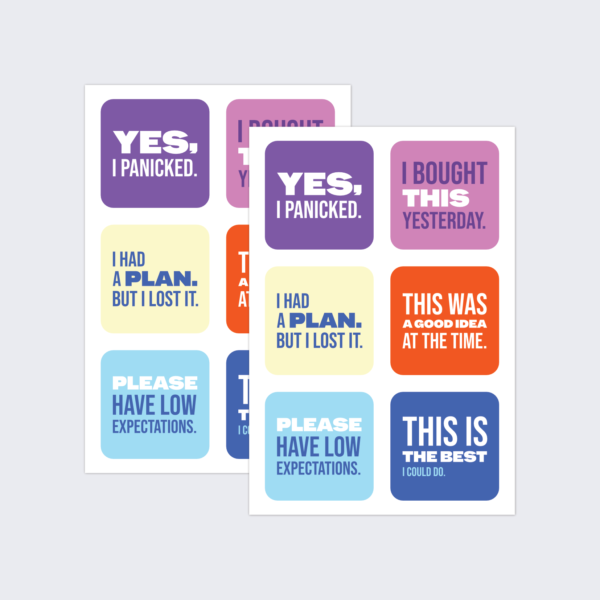Two sheets of funny gift labels for presents, in various colours.