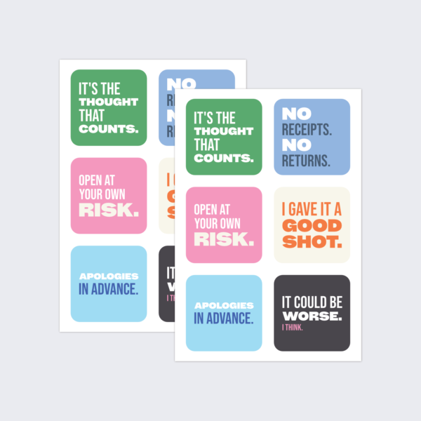 Two sheets of colourful stickers containing various funny phrases for adding humour to a gift or present.