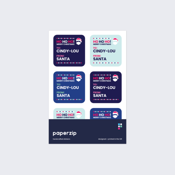A pack of personalised Christmas labels featuring Santa Claus