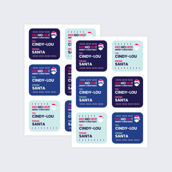 Two sheets of personalised Christmas labels.