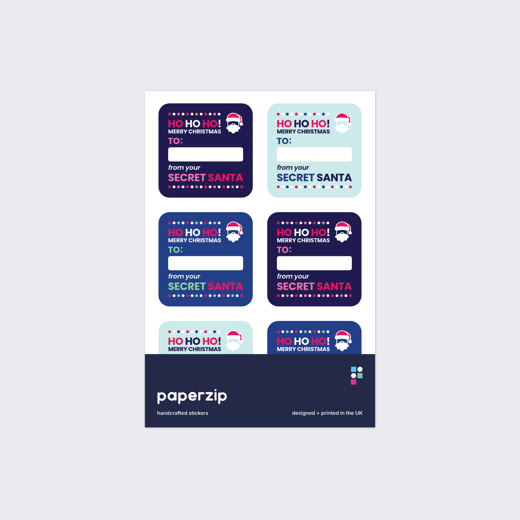 A pack of stickers for Secret Santa gifting. Each sticker has a blank space for writing who the gift is for.