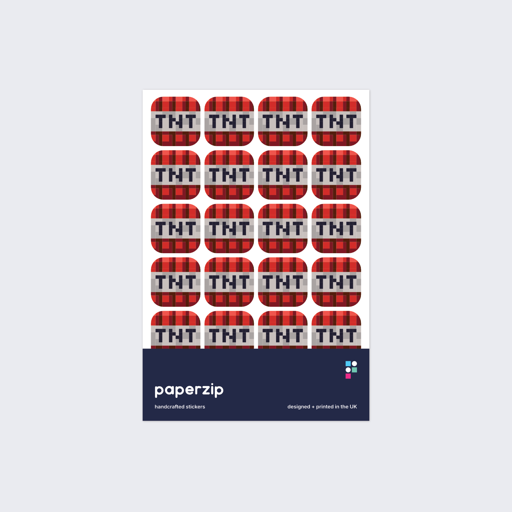 A pack of stickers displaying pixelated TNT blocks in the style of Minecraft.