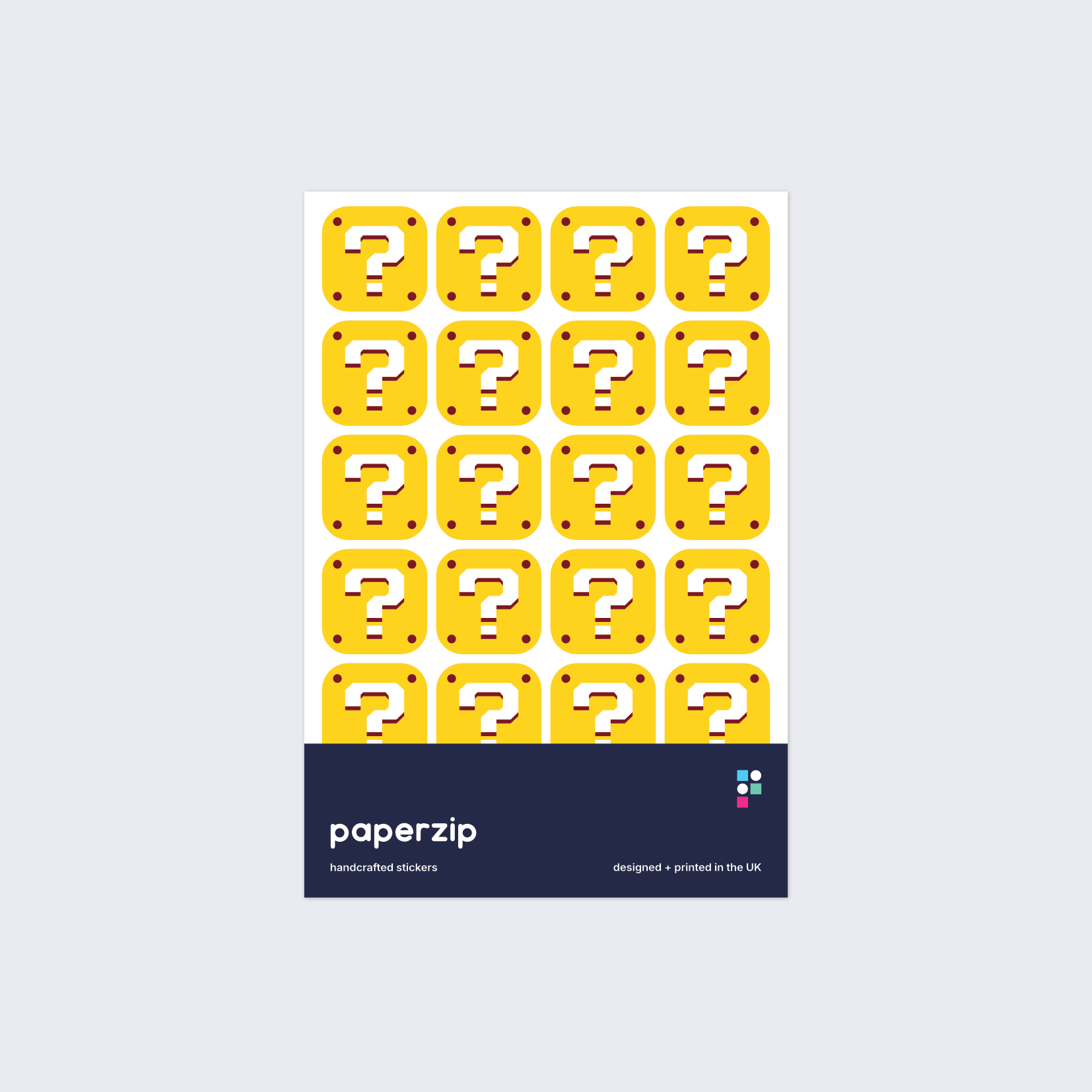 A pack of stickers in the style of Super Mario question blocks. Each sticker has a large white question mark on a yellow background.