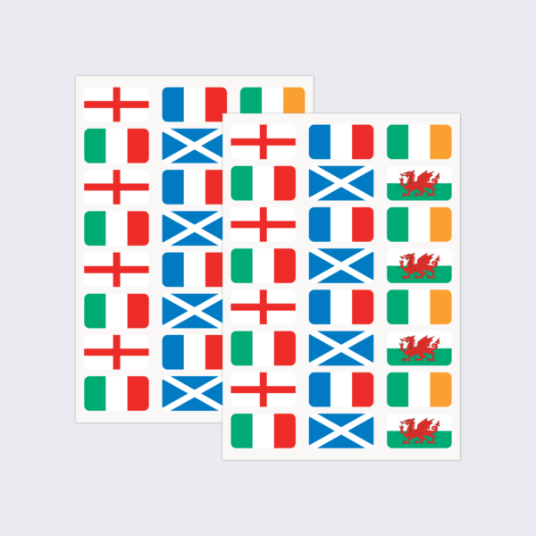Two sheets of stickers showing the country flags of the participants in the Six Nations rugby tournament.