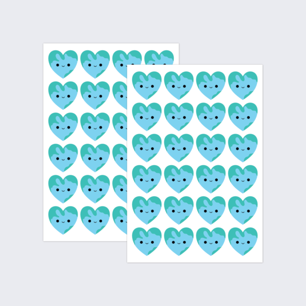 Two sheets of heart-shaped stickers with a smiling Earth design.