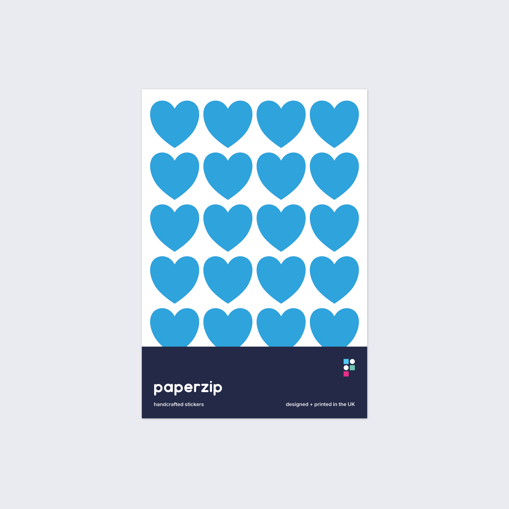 A pack of blue heart stickers by Paperzip.
