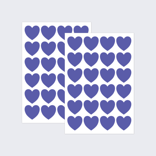 Two sheets of purple stickers in heart shapes.