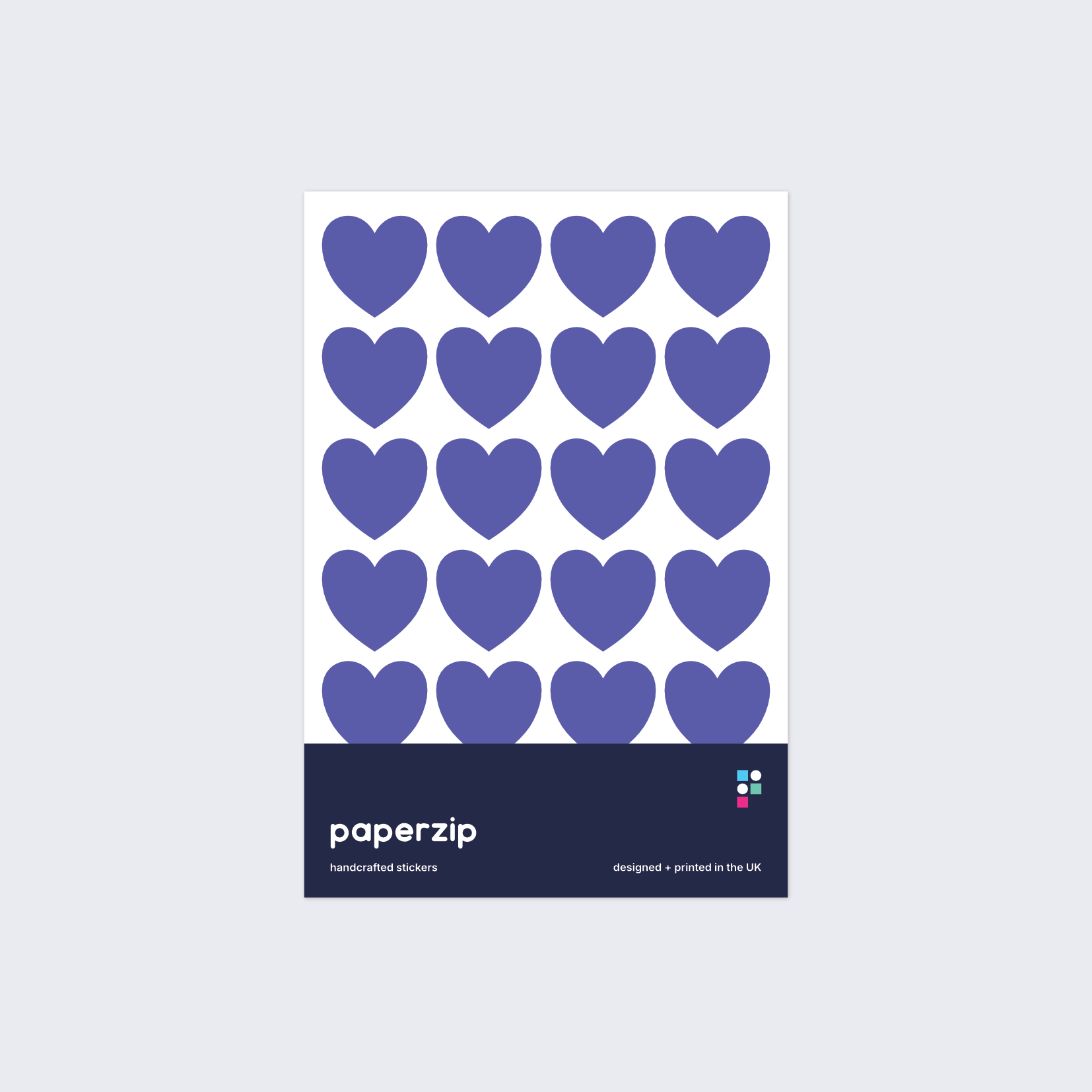 A pack of purple heart-shaped stickers by Paperzip.