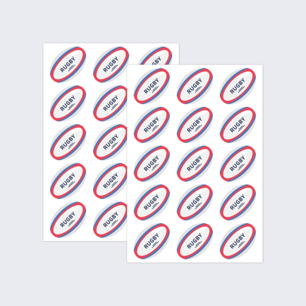 Two sheets of paper stickers in the style of rugby balls.