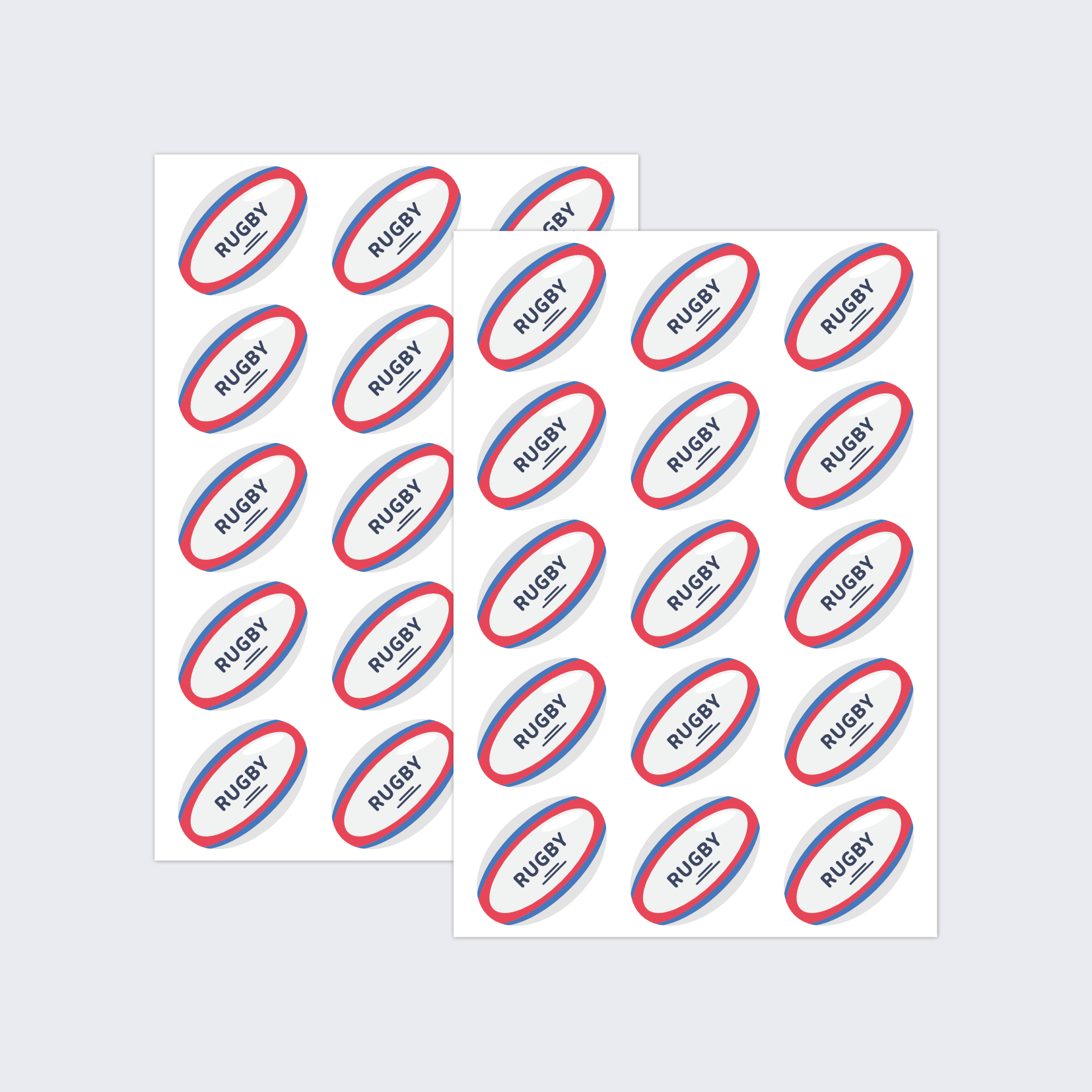 Two sheets of paper stickers in the style of rugby balls.