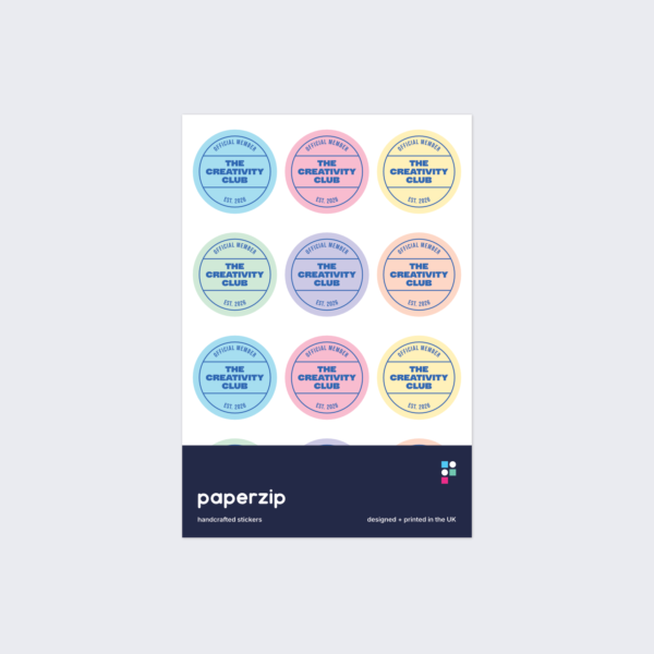 A pack of personalised custom club stickers, in various pastel colours, by Paperzip.